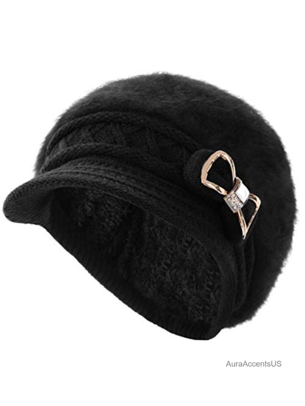 Knit Newsboy Cap Beret Crystal Bow Angora Plush Winter Beanie